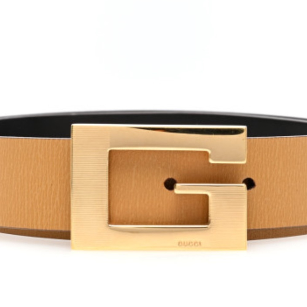 Authentic Gucci Square G Belt Size 70/28 Tan Black Interlocking Brass Buckle